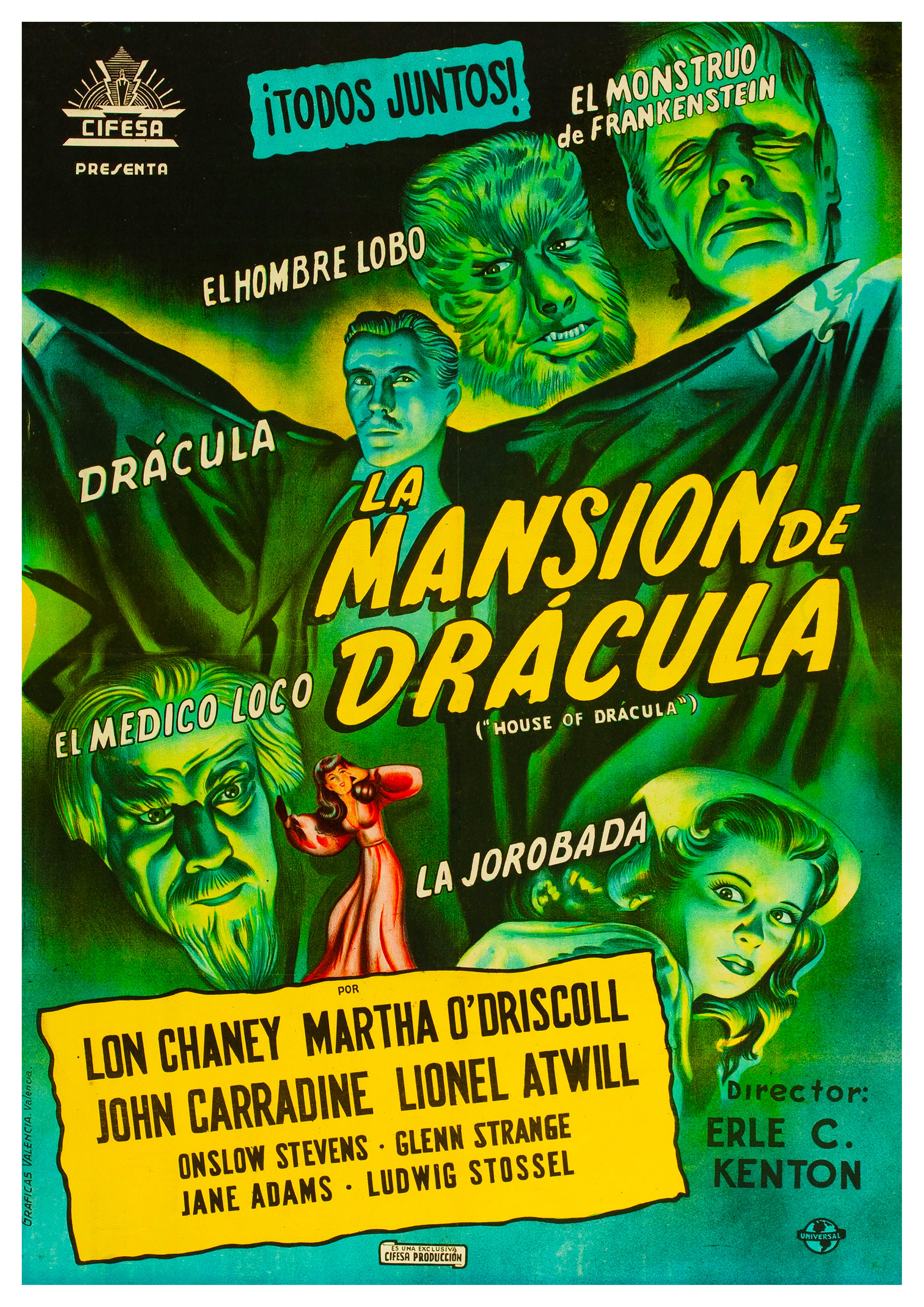 Reproduction Vintage "House Of Dracula - Spanish" Horror Movie Poster, Home Wall Art Size: A2