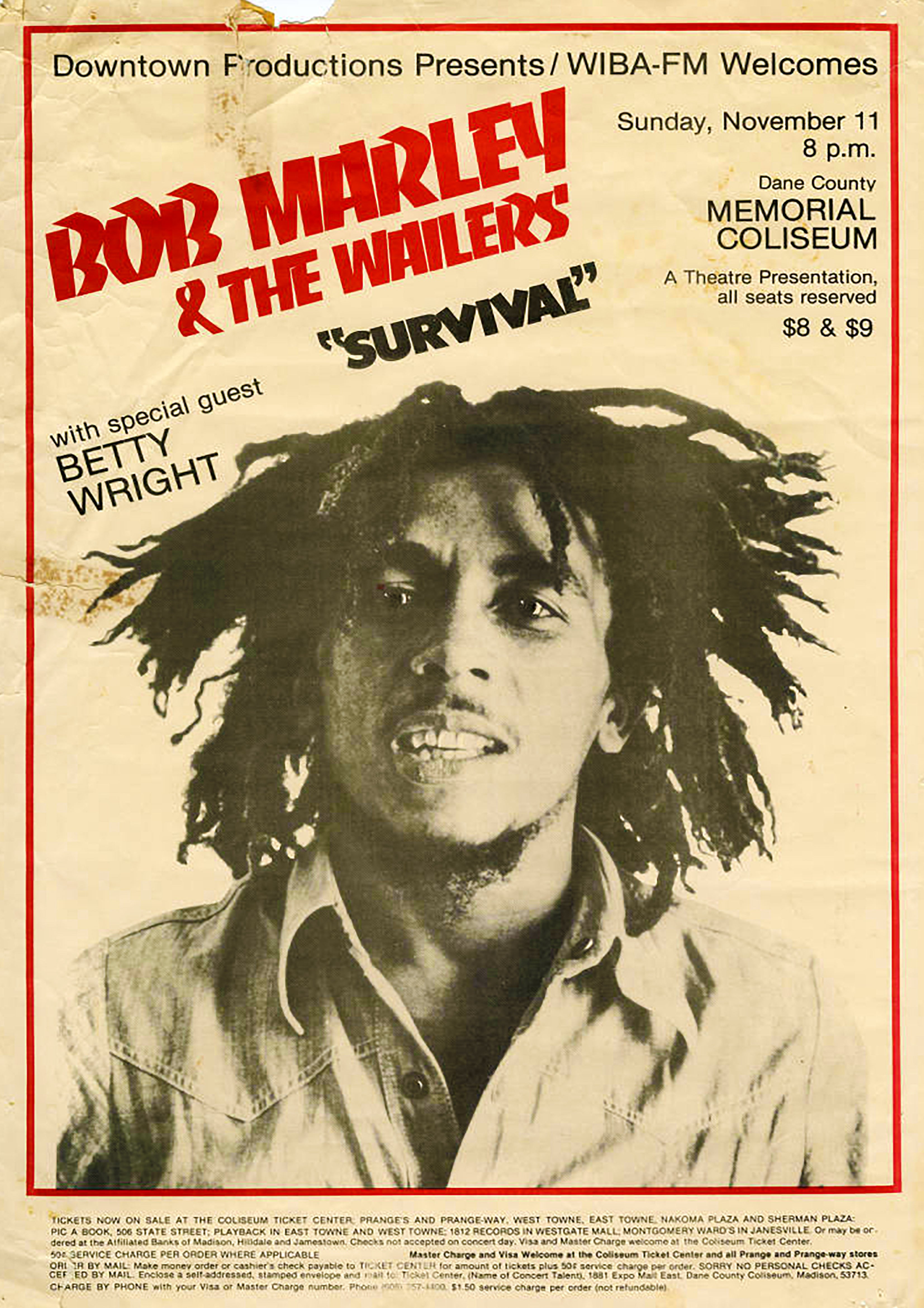 Reproduction Vintage Bob Marley "Memorial Coliseum" Music Poster, Size: A2