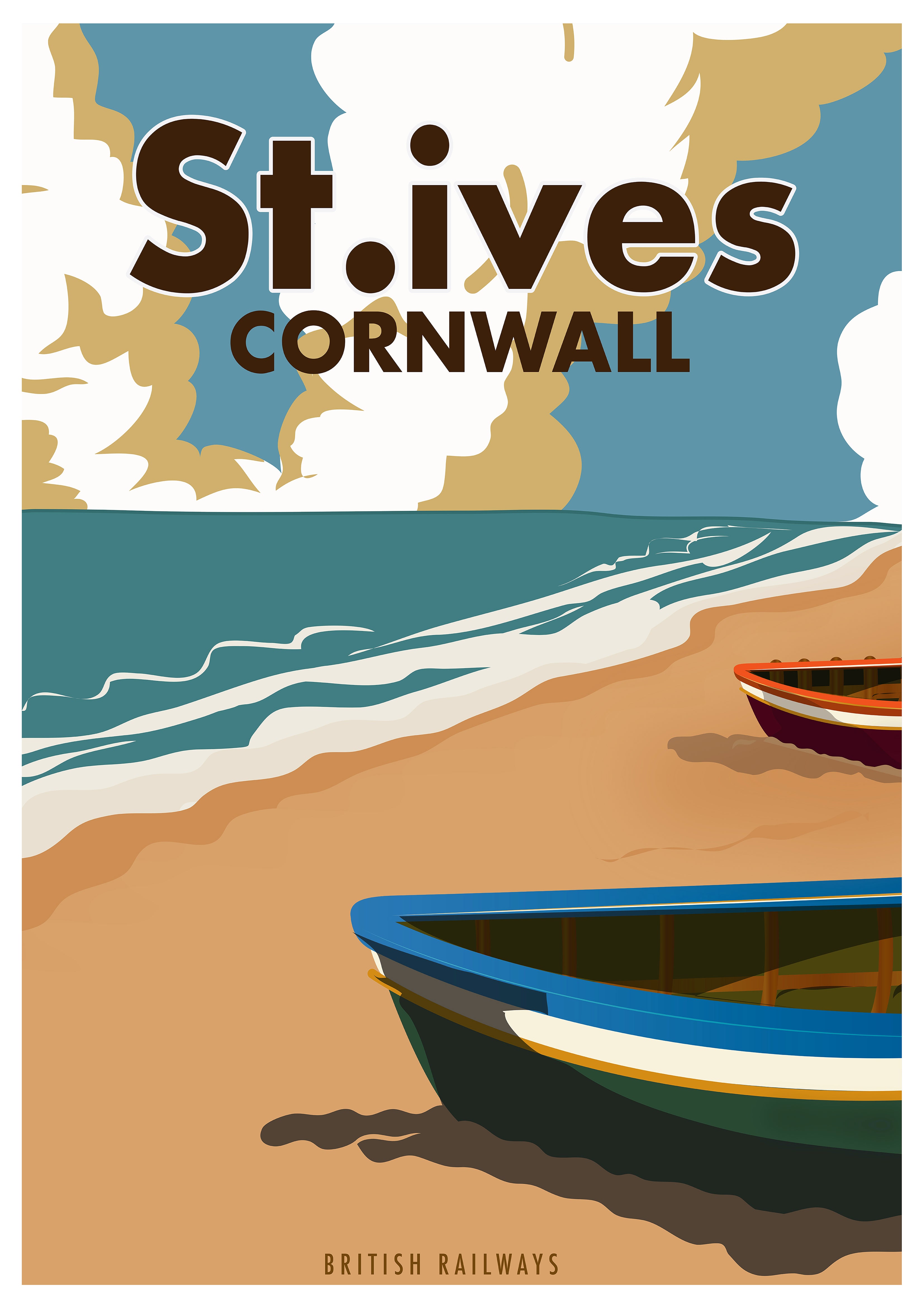 Reproduction Vintage Travel Poster "St. Ives - Cornwall", Home Wall Art, Size: A2