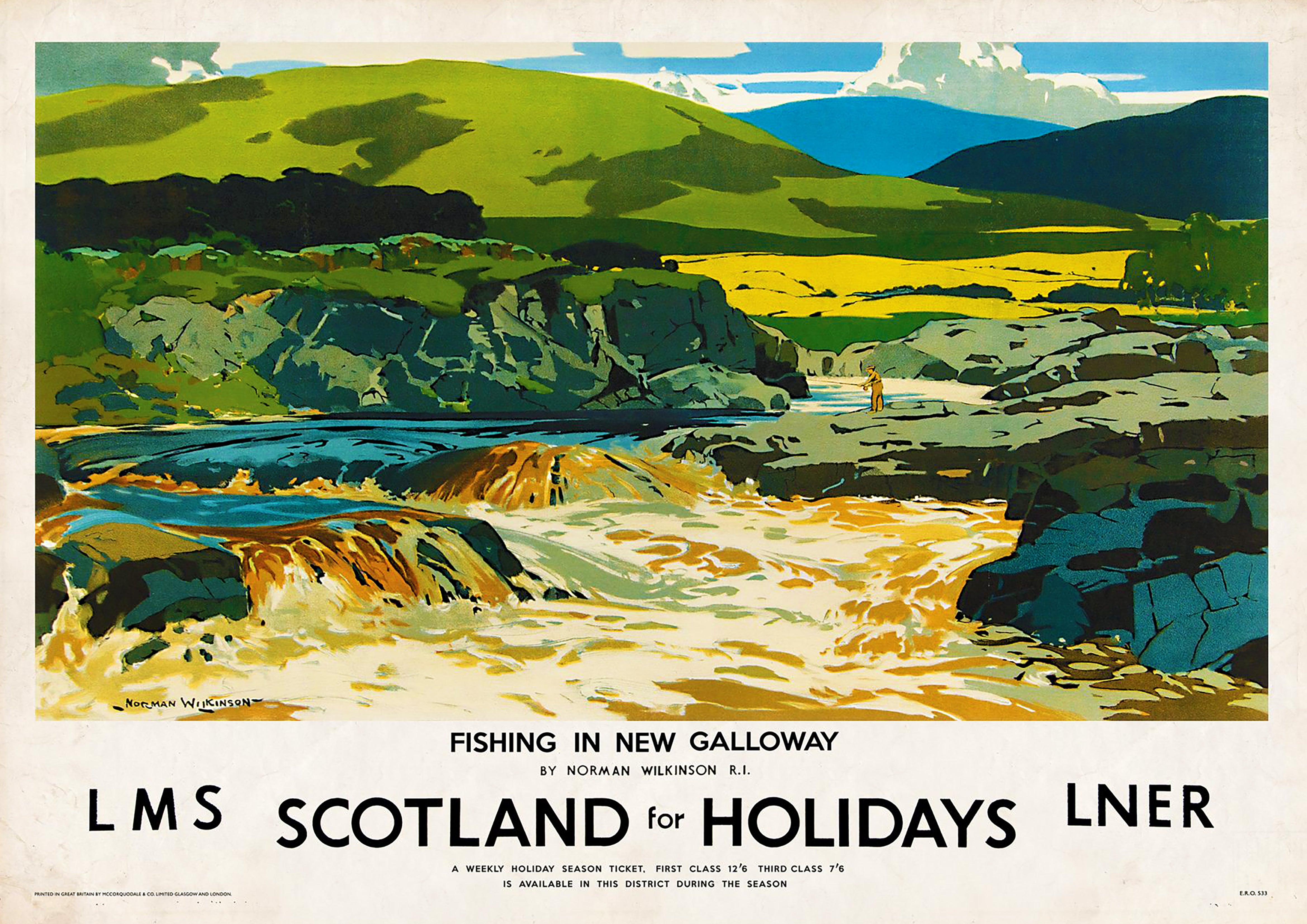 Reproduction Vintage Travel Poster "Fishing In New Galloway", Home Wall Art, Size: A2