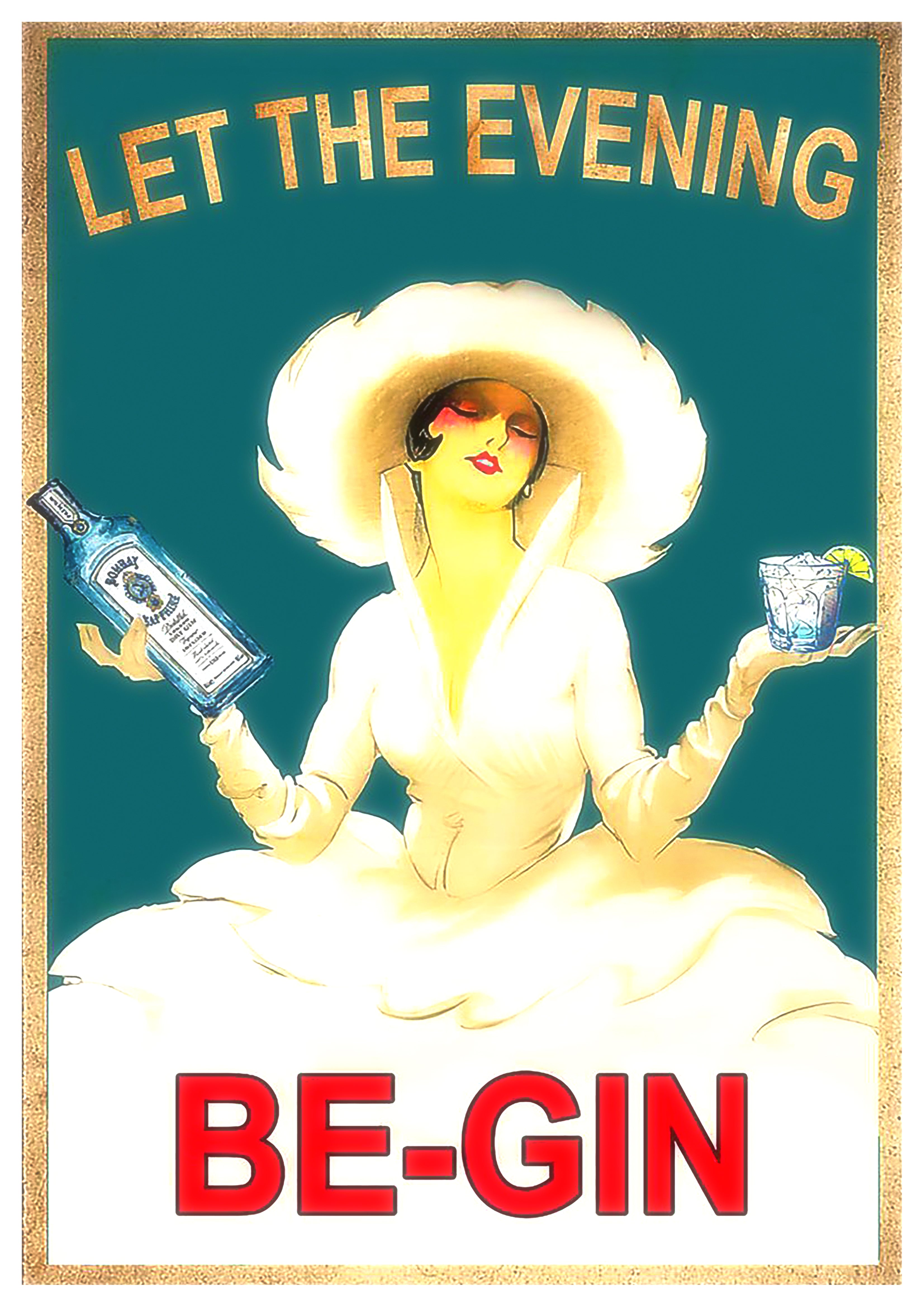 Reproduction Vintage "Let The Evening Be-Gin" Alcohol Poster