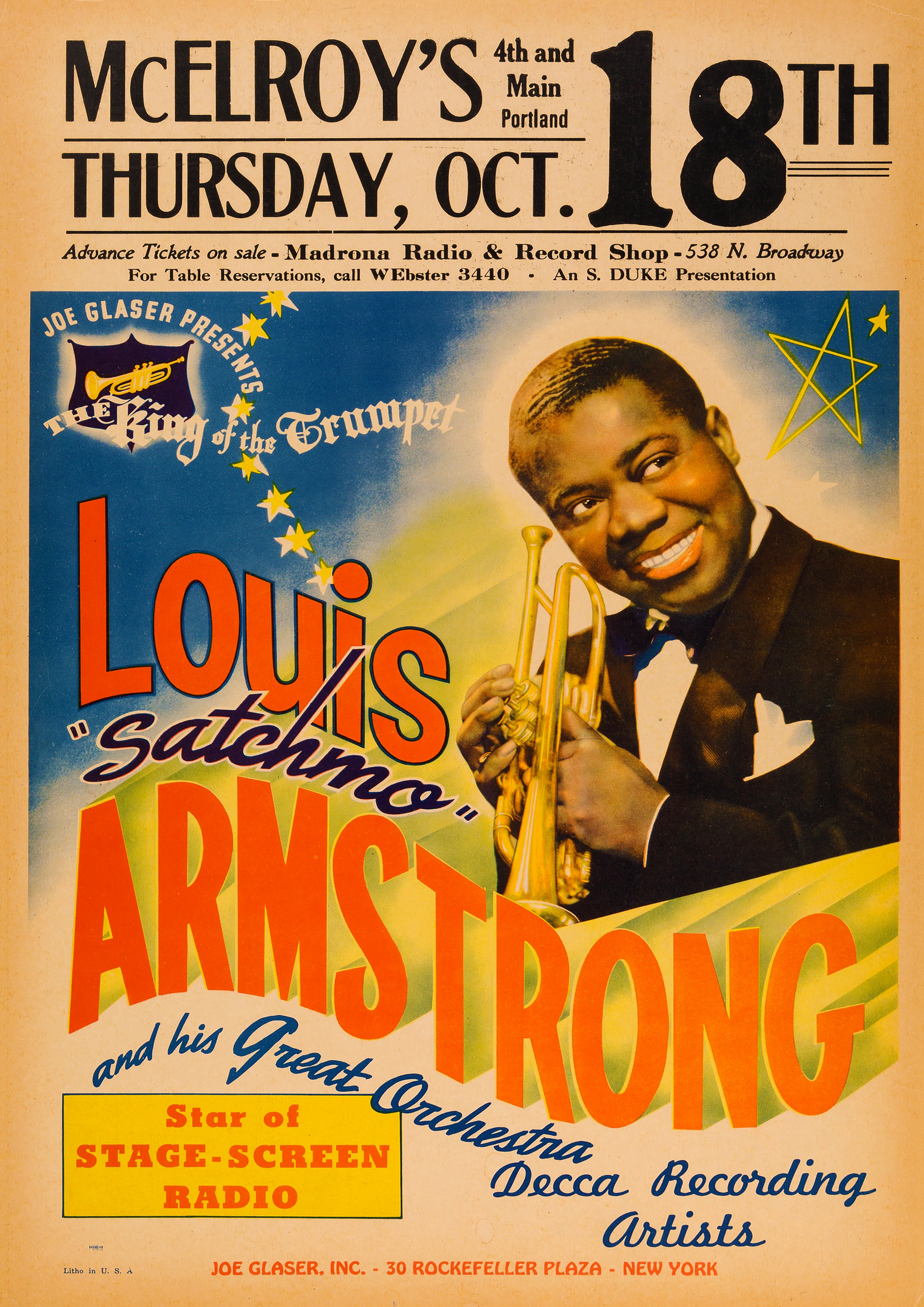 Reproduction Vintage "Louis Armstrong - McElroy's" Jazz Poster