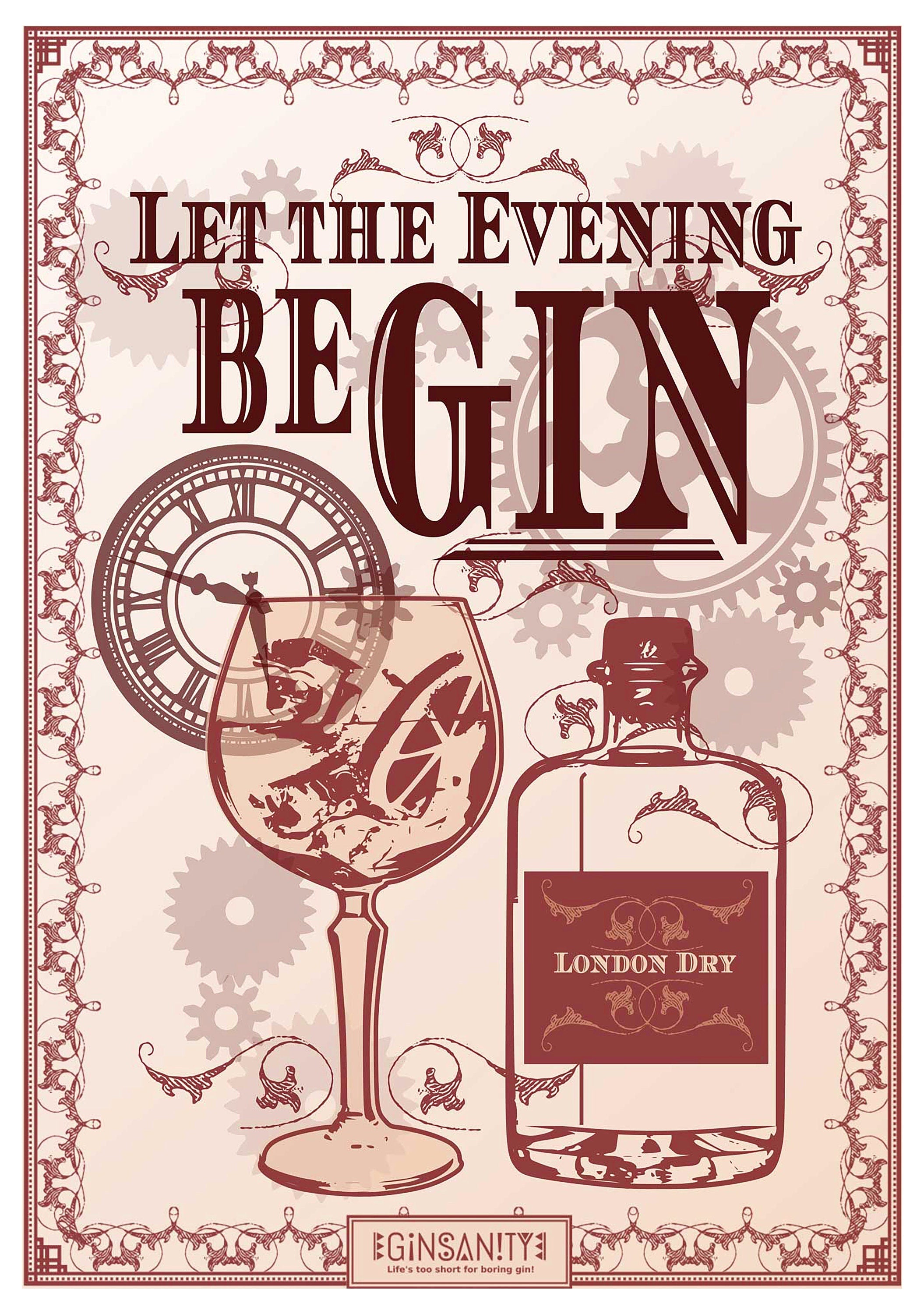 Reproduction Vintage Gin Advertisement "Let The Evening BeGIN", Poster, Home Wall Art, Various Sizes Available