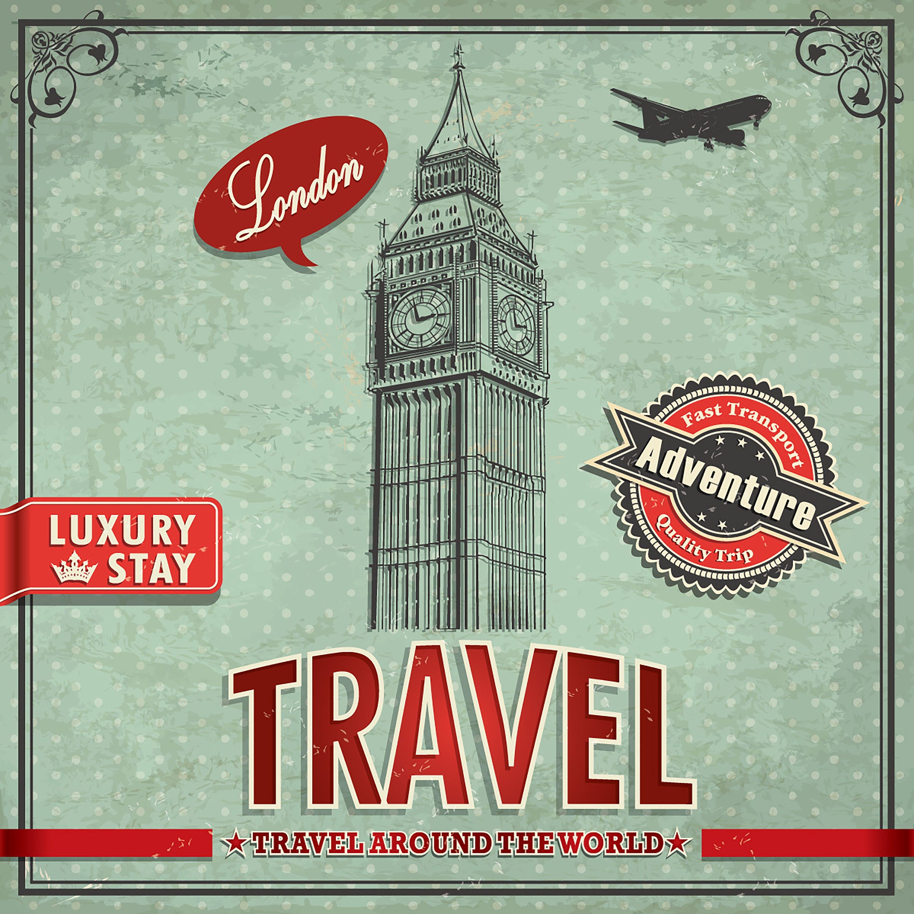 Reproduction Vintage "Travel Around The World" Travel Poster, Home Wall Art, Size: 16" x 16"