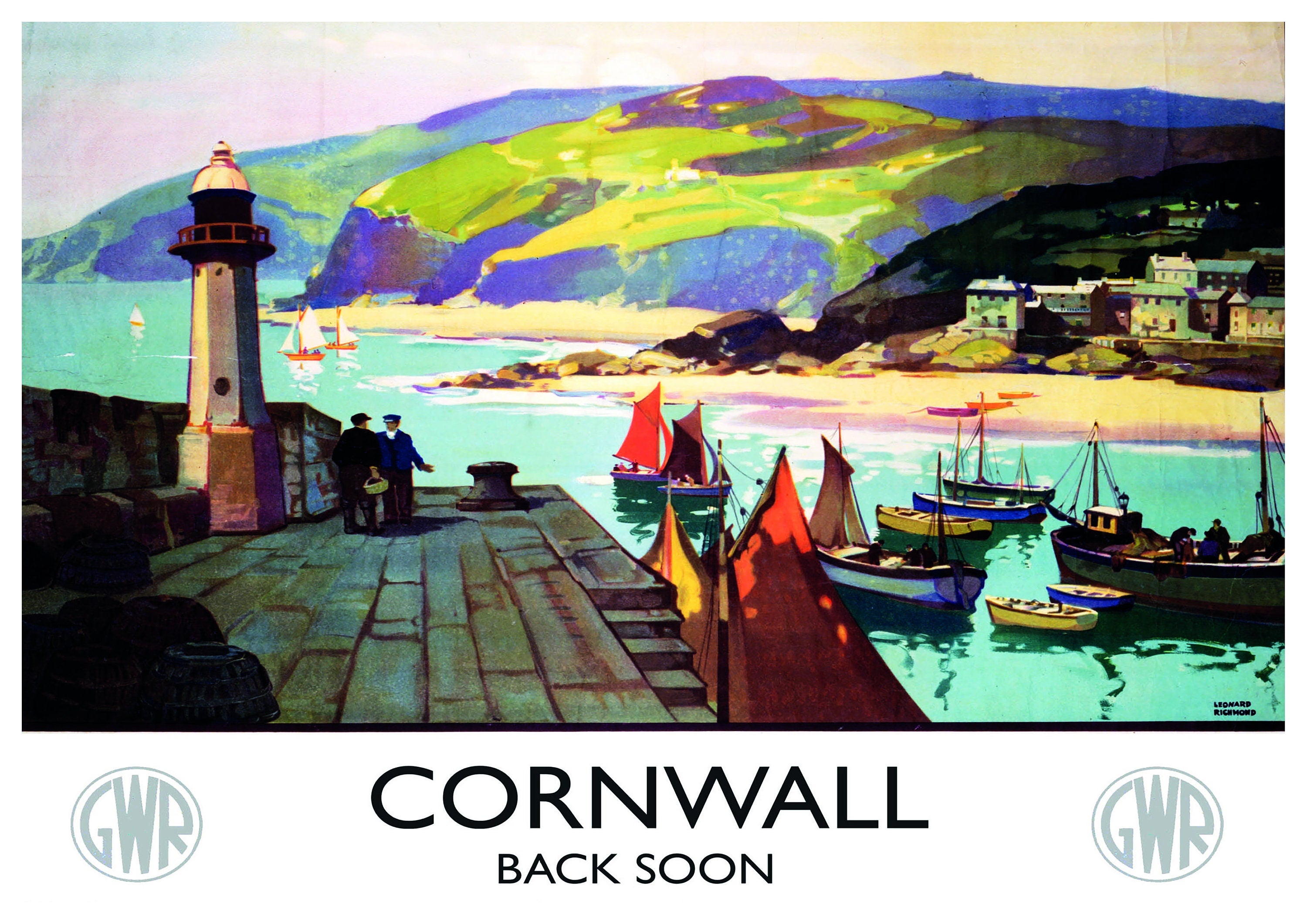 Reproduction Vintage "Cornwall - Back Soon" Travel Poster, Home Wall Art, Various Sizes Available