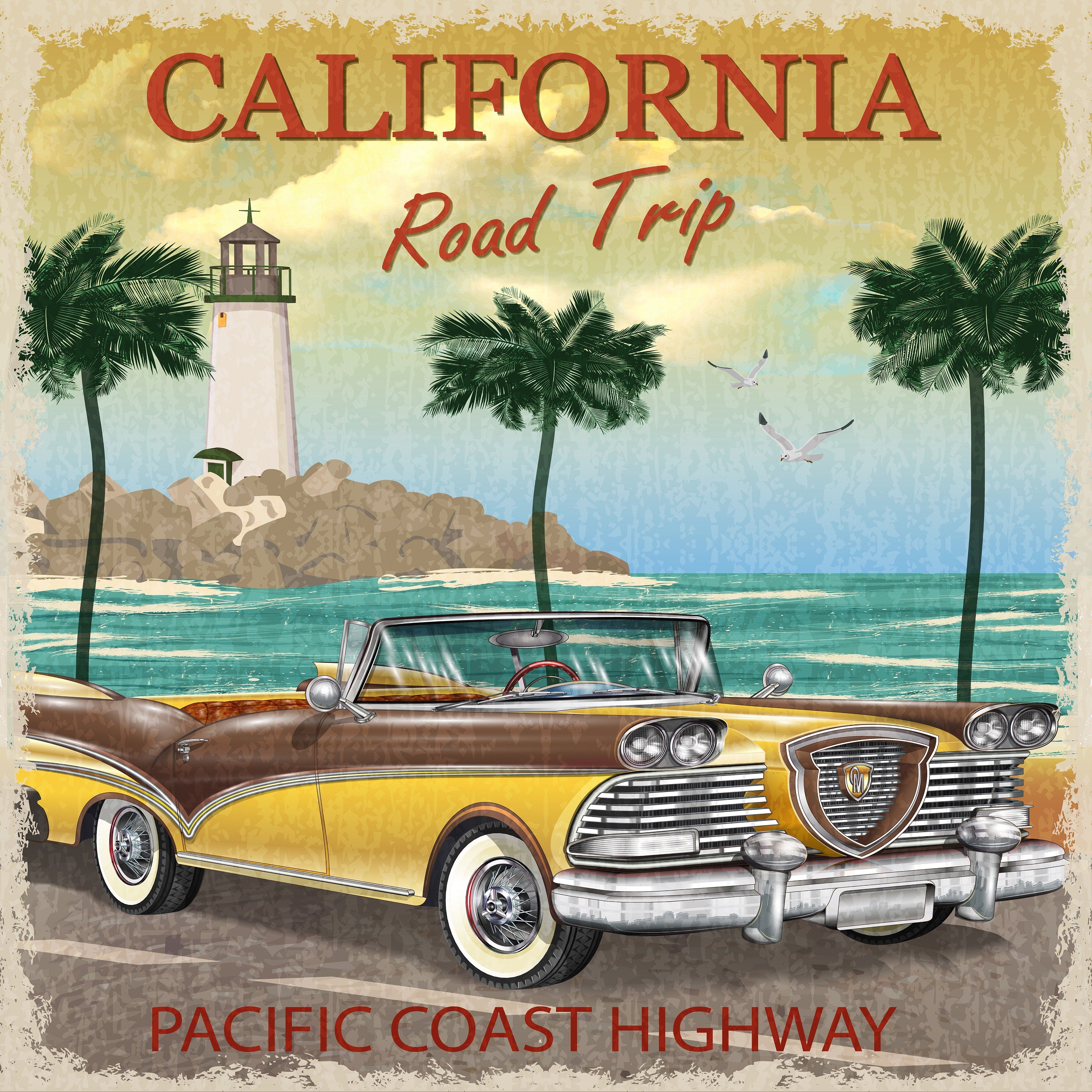 Reproduction Vintage "California Road Trip" Travel Poster, Home Wall Art, Size: 16" x 16"