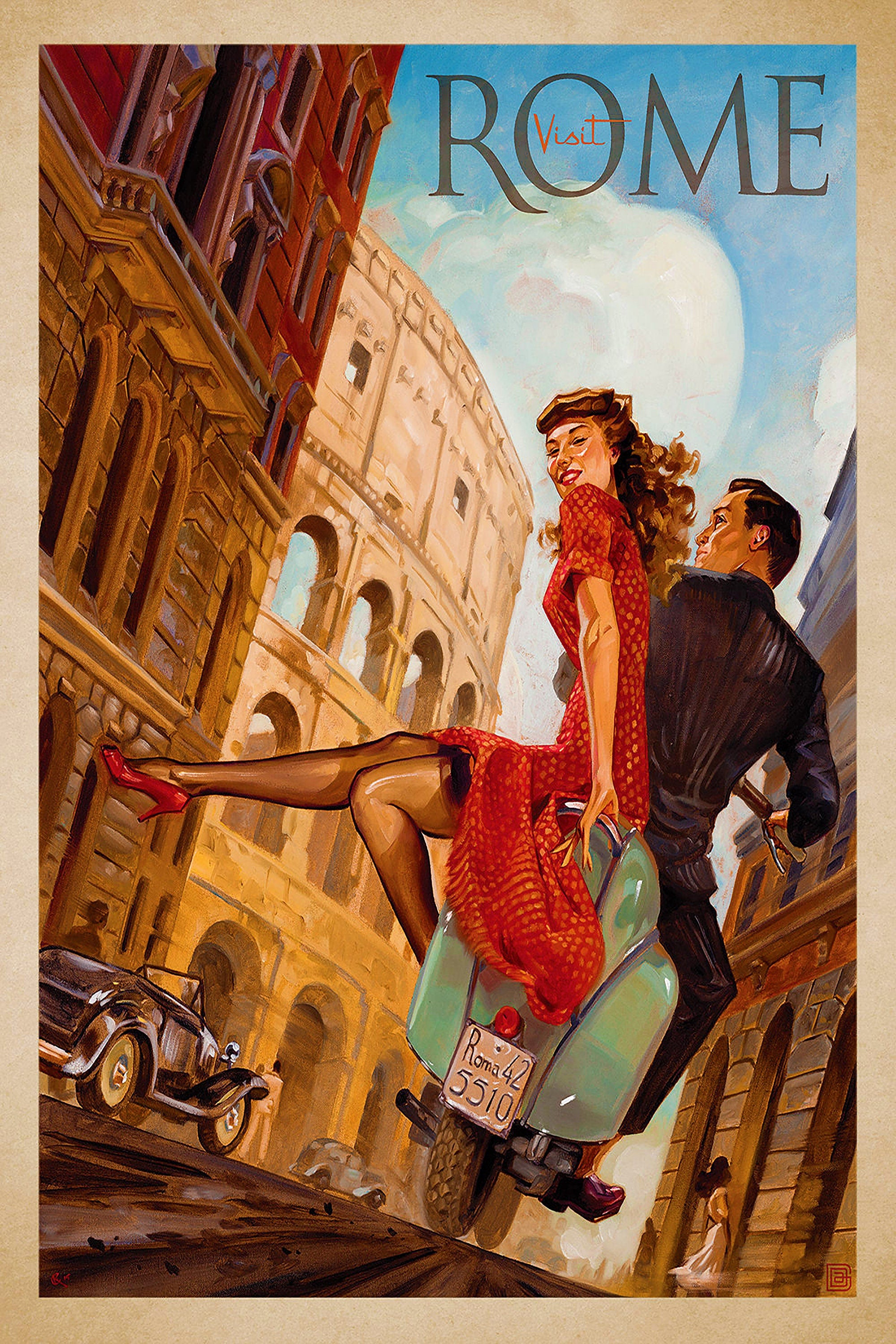 Reproduction Vintage Travel Poster "Visit Rome" Home Wall Art, Size: 24" x 36"