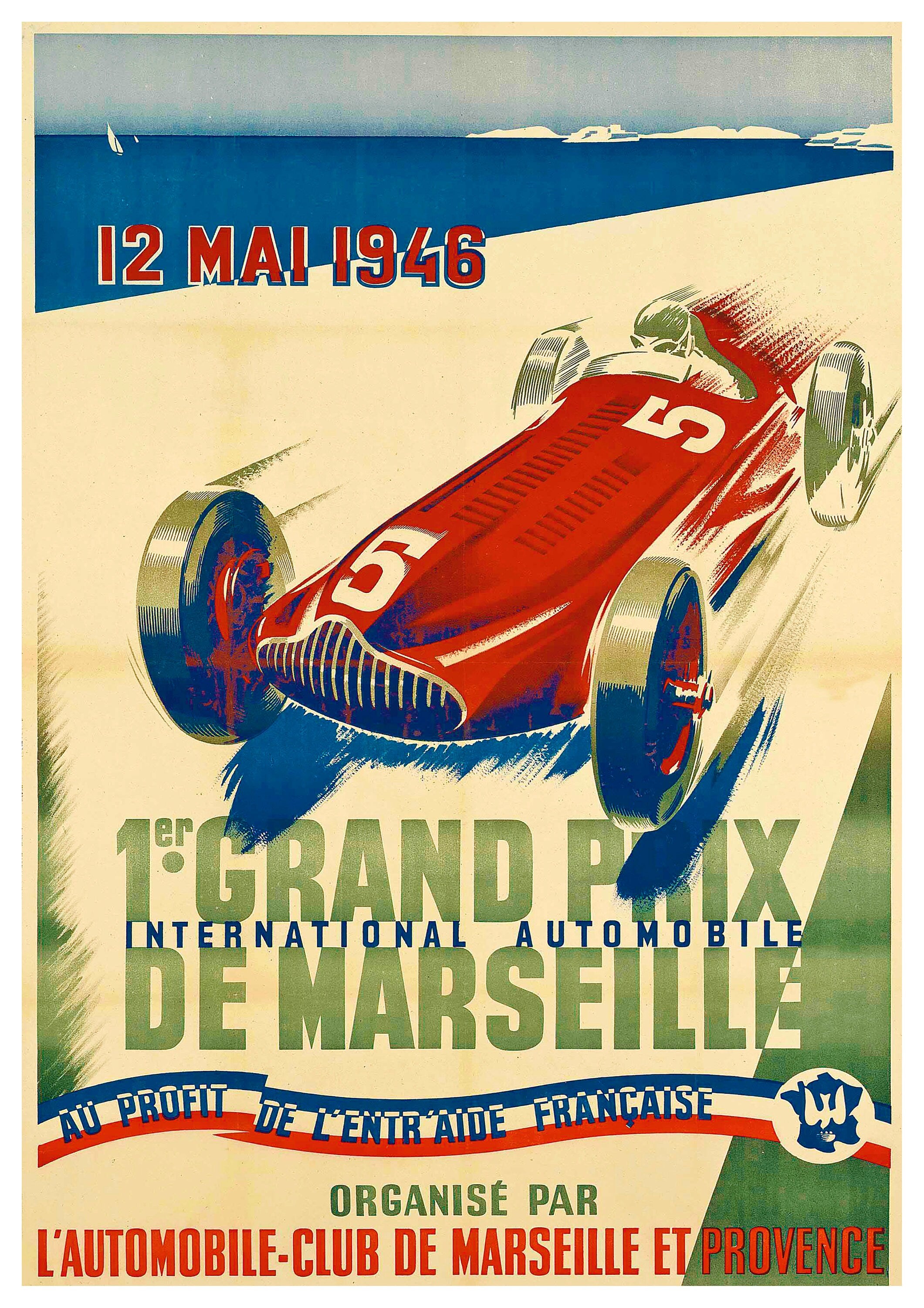 Reproduction Vintage Motor Racing Poster "1946 Grand Prix De Marseille"  Home Wall Art, Various Sizes Available